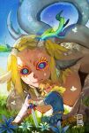  1boy 1girl absurdres alternate_form blonde_hair blue_eyes braid breasts champion&#039;s_tunic_(zelda) colored_eyelashes colored_sclera crown_braid dragon_girl dragon_horns eyelashes fang flower giant giantess glaring grass green_eyes hand_on_another&#039;s_face happiest_little_cloud highres horns large_breasts light_dragon_(zelda) link long_eyelashes looking_at_viewer master_sword nipples pointy_ears princess_zelda purple_sclera scales spines sword tail the_legend_of_zelda the_legend_of_zelda:_tears_of_the_kingdom two-tone_eyes very_long_tail weapon 