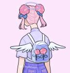  1girl angel_wings backpack bag bare_arms blue_bag blue_halo blue_pants blunt_ends carnation clothes_writing commentary cowboy_shot denim emily_kim english_commentary flower from_behind hair_flower hair_ornament halo high-waist_pants jeans leaf original pants pink_background pink_flower pink_hair pocket purple_shirt shirt short_hair short_sleeves short_twintails simple_background solo sparkle t-shirt traditional_halo turtleneck turtleneck_shirt twintails twitter_username water white_wings winged_bag wings 