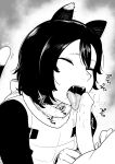  1boy 1girl absurdres animal_ear_fluff animal_ears armor black_fur black_hair body_fur cat_ears cat_girl cat_tail censored closed_eyes dungeon_meshi erection fangs fellatio furry furry_female hetero highres izutsumi kaiman_garupan leather_armor licking licking_penis mismatched_animal_ear_colors neck_warmer open_mouth oral penis red_scarf saliva scarf short_hair simple_background solo_focus tail 