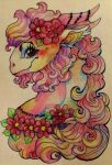  2019 brown_eyes bust_portrait curled_hair dragon eyelashes fan_character female feral flight_rising flower hair horn mane mythological_creature mythological_scalie mythology pink_body pink_horn pink_mane plant portrait scalie side_view smile solo suippupupu traditional_media_(artwork) tundra_dragon 