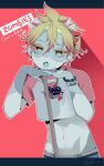  1boy absurdres blonde_hair colored_skin hair_ornament heart highres kagamine_len looking_at_viewer multicolored_hair open_mouth red_eyes red_hair shirt short_hair short_sleeves solo stitched_face stitches syiga symbol-shaped_pupils vocaloid zombie zombie_(vocaloid) 