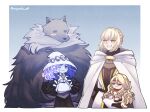  2boys 2girls blaidd_the_half-wolf blue_skin braid brother_and_sister cape chibi cloak colored_skin cracked_skin doll_joints elden_ring elden_ring:_shadow_of_the_erdtree extra_arms extra_faces fur_cape fur_cloak furry gold_circlet gold_needle hat helmet highres joints large_hat miniature_ranni miqueliafantasia miquella_(elden_ring) multiple_boys multiple_girls ranni_the_witch robe siblings sleeveless_tunic smile white_robe white_tunic winged_helmet witch witch_hat 