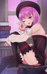 1girl ;d absurdres bare_shoulders black_dress black_hat black_thighhighs book book_stack breasts commentary detached_collar detached_sleeves dress fate/grand_order fate_(series) foot_out_of_frame hand_up hat helena_blavatsky_(fate) highres indoors knee_up looking_at_viewer looking_to_the_side one_eye_closed open_mouth purple_eyes purple_hair short_hair smile solo strapless strapless_dress teeth thighhighs upper_teeth_only v white_sleeves window yozakura_rakuza 