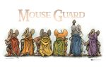  artist_name back blue_cape cape commentary david_petersen english_commentary green_cape hand_grab hood hood_up mouseguard_(comic) orange_cape purple_cape rainbow_flag red_cape shield simple_background slingshot_(weapon) staff sword weapon western_comics_(style) yellow_cape 