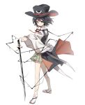 1other androgynous bare_legs black_eyes black_hat black_vest chinese_commentary closed_mouth collared_shirt collared_socks commentary_request derivative_work dripping earthen_miraculous_sword enraku_tsubakura eye_of_senri floating_clothes from_behind full_body green_hakama hakama hakama_short_skirt hakama_skirt hat highres ink japanese_clothes jian_xing_zao len'en long_sleeves looking_at_viewer neck_ribbon other_focus red_footwear red_ribbon red_vest ribbon sandals shirt simple_background skirt smile socks solo sword tachi-e top_hat two-sided_fabric two-sided_headwear two-sided_vest vest weapon white_background white_shirt white_socks wide_sleeves zouri 