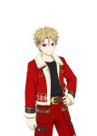  1boy belt black_shirt blonde_hair clenched_hand hand_on_own_hip jacket long_sleeves looking_at_viewer male_focus official_art open_clothes open_jacket pants pocket purple_eyes red_jacket red_pants scar scar_on_face shirt snowflake_print star_(symbol) tales_of_(series) tales_of_asteria tales_of_link transparent_background zepha_(tales) 