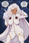  1girl ange1witch blue_eyes bodysuit breasts cape covered_abs covered_nipples dark-skinned_female dark_skin earrings english_text gloves jewelry large_breasts lightning lightning_bolt_earrings lightning_bolt_symbol long_hair looking_at_viewer marvel ororo_munroe solo speech_bubble storm_(x-men) white_bodysuit white_cape white_gloves white_hair x-men x-men:_the_animated_series 