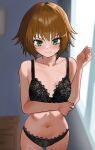  1girl absurdres blush bra breasts brown_hair closed_mouth commission drawer embarrassed green_eyes highres indoors looking_at_viewer navel panties rita_mordio short_hair small_breasts solo sweat tales_of_(series) tales_of_vesperia underwear window zd_(pixiv6210083) 