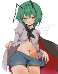  1girl :o antennae black_cloak blush bug cloak commentary_request green_eyes green_hair grey_shorts highres looking_at_viewer mikan_(manmarumikan) navel shirt shirt_hold short_hair shorts simple_background solo stomach sweat touhou white_background white_shirt wriggle_nightbug 
