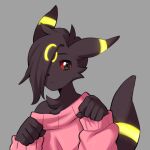 2023 5_fingers anthro anthrofied black_body black_eyes black_fur black_hair black_nose bust_portrait canid cheek_tuft chest_tuft clothed clothing digital_media_(artwork) dranoko eeveelution eyebrows eyelashes facial_tuft fan_character femboy fingers fist front_view fur generation_2_pokemon grey_background hair hair_over_eye looking_at_viewer male mammal markings mouth_closed nintendo off_shoulder one_eye_obstructed pink_clothing pink_sweater pink_topwear pokemon pokemon_(species) pokemorph portrait pupils raised_tail red_sclera simple_background slit_pupils smokey_(dranoko) solo sweater tail topwear tuft umbreon yellow_body yellow_fur yellow_markings