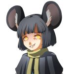  1girl absurdres animal_ear_fluff animal_ears blunt_bangs capelet colored_shadow commentary drop_shadow english_commentary grey_capelet highres looking_at_viewer medium_bangs mouse_ears mouse_girl nazrin parody persona persona_4 shadow short_hair simple_background smile sneer solo step_arts style_parody touhou upper_body white_background yellow_eyes 