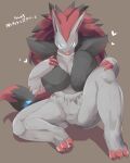  1girl black_hair blue_eyes breasts brown_background commentary_request covered_nipples full_body furry furry_female heart huge_breasts lets0020 long_hair looking_at_viewer pokemon pokemon_(creature) red_hair simple_background sitting solo tongue tongue_out translation_request zoroark 