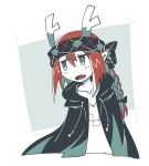  1girl absurdres antlers black_hoodie braid collarbone cross-shaped_pupils drawstring fangs headband highres hood hood_down hoodie horns hotate_oishii jitome limited_palette long_hair open_mouth original pointy_ears red_hair signature skin_fangs solo symbol-shaped_pupils 