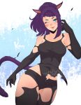  animal_ears artist_name black_gloves blue_eyes breasts cat_ears cat_tail commission elbow_gloves facial_mark final_fantasy final_fantasy_xiv gloves highres koyorin large_breasts long_hair looking_at_viewer miqo&#039;te one_eye_closed ponytail purple_hair slit_pupils smile tail warrior_of_light_(ff14) whisker_markings 