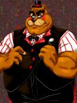 2023 4_fingers anthro bear bent_arm black_bottomwear black_claws black_clothing black_eyebrows black_hat black_headwear black_nose black_pants black_topwear black_vest blue_eyes bottomwear brown_bear brown_hair button_(fastener) cageyshick05_(artist) cheek_spots claws clothing colored digital_drawing_(artwork) digital_media_(artwork) dress_shirt electronics eyebrows finger_claws fingers five_nights_at_freddy&#039;s five_nights_at_freddy&#039;s_2 fur hair half-closed_eyes hat headgear headwear hi_res holding_microphone holding_object looking_at_viewer male mammal microphone multicolored_body multicolored_fur narrowed_eyes overweight overweight_anthro overweight_male pants scottgames shaded shirt signature simple_background solo standing striped_dress_shirt thick_eyebrows thick_thighs top_hat topwear toy_freddy_(fnaf) unimpressed ursine vest whisker_spots
