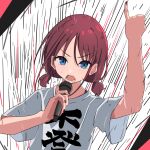  1girl 7n7nurur absurdres blue_eyes commentary_request girls_band_cry highres holding holding_microphone iseri_nina looking_at_viewer microphone music open_mouth red_hair red_nails shikai_no_sumi_kuchiru_oto shirt short_twintails singing solo sweat twintails upper_body white_shirt 
