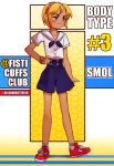  &gt;:) 1girl artist_name blonde_hair blue_eyes blush child doyagao english_text fisticuffs_club flat_chest hairband half-closed_eyes hand_on_hip resident_evil resident_evil_2 school_uniform serafuku sherry_birkin shoes short_hair shorts smile smirk smug solo standing tan tanline twitter_username watch wristwatch 