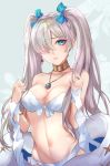  1girl absurdres alternate_hairstyle anastasia_(fate/grand_order) artist_request bare_shoulders bikini blue_eyes blue_ribbon blush breasts choker cleavage commentary_request earrings fate_(series) hair_over_one_eye hair_ribbon highres jewelry long_hair looking_at_viewer medium_breasts navel parted_lips pendant ribbon silver_hair simple_background solo standing swimsuit twintails white_bikini 