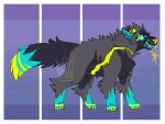  2018 ambiguous_gender angry big_fangs black_sclera blue_body blue_eyes blue_fur blue_inner_ear_fluff blue_teeth canid canine canis digital_drawing_(artwork) digital_media_(artwork) digitigrade ears_back electricity fangs feral flat_colors full-length_portrait fur grey_body grey_fur hi_res inner_ear_fluff jaspering mammal markings narrowed_eyes open_mouth paws pivoted_ears portrait pupils purple_background ringed_eyes scar simple_background snarling solo standing tail teeth tongue tuft watermark wolf yellow_markings yellow_nose yellow_pupils yellow_scar yellow_tongue 