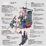  1girl absurdres belt_pouch black_jacket breasts brown_eyes brown_gloves camouflage commentary_request full_body gloves grey_background grey_sailor_collar grey_skirt gun hair_flaps highres holding jacket kantai_collection long_hair looking_at_viewer machinery neck_ribbon pink_hair pleated_skirt ponytail pouch red_ribbon ribbon rigging sailor_collar samusara school_uniform serafuku short_sleeves skirt smile solo torpedo_launcher translation_request very_long_hair watch weapon wristwatch yura_(kancolle) yura_kai_ni_(kancolle) 