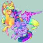 2018 accessory aliasing blonde_hair clothing colorful_theme cowboy_hat cutie_mark digital_media_(artwork) duo earth_pony equid equine eyelashes eyes_closed feathered_wings feathers female female/female hair hair_accessory hair_tie hasbro hat headgear headwear hooves horn horse iridescent kissing low_res mammal multicolored_hair multicolored_tail my_little_pony mythological_creature mythological_equine mythology oekaki pony ponytail quadruped simple_background sitting sparkles sparkling_hair suippupupu tail winged_unicorn wings