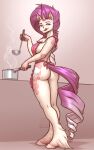  2024 absurd_res anthro apron apron_only breasts butt chest_tuft clothing cookware curved_horn equid equine eyebrows eyelashes female fetlocks fur hair hi_res hooves horn kitchen_utensils ladle licking licking_lips mammal mykegreywolf mythological_creature mythological_equine mythology pink_eyes purple_hair side_boob solo steam tan_body tan_fur tongue tools tuft unicorn 