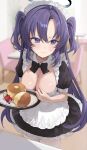  1girl alternate_costume apron banana black_dress blue_archive blue_eyes blueberry blurry blurry_background blush breasts cafe cleavage cowboy_shot dress food frilled_apron frills fruit halo highres indoors large_breasts long_hair looking_to_the_side maid maid_apron maid_headdress mechanical_halo pancake purple_hair ri_yonn solo souffle_pancake standing strawberry thighhighs two_side_up white_apron white_thighhighs yuuka_(blue_archive) 
