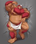  2022 anthro arm_tuft barefoot belly_tuft big_muscles boris_(heavyrocksboar) chest_tuft cracked_wall doorway ear_piercing facial_hair feet hair hi_res leg_tuft male mammal musclegut muscular muscular_anthro muscular_male navel nipples overweight overweight_anthro overweight_male piercing polartoons red_hair smile smiling_at_viewer smirk smirking_at_viewer solo suid suina sus_(pig) towel towel_only tuft tusks wild_boar 