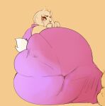  2024 absurd_res anthro big_butt blush bovid butt caprine clothed clothing covering_nose dress female fluffy fluffy_tail fur furgonomics goat hi_res horn lying mammal melissaalli on_side one_eye_closed purple_clothing purple_dress red_eyes simple_background solo tail toriel undertale_(series) white_body white_ears white_fur white_horn white_tail yellow_background 