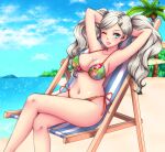  1girl absurdres arms_up beach beach_chair bikini blonde_hair blue_eyes blue_sky breasts cleavage commission crossed_legs english_commentary floral_print highres large_breasts looking_at_viewer navel one_eye_closed parted_lips persona persona_5 print_bikini side-tie_bikini_bottom sky stomach sugarbell swimsuit takamaki_anne thighs twintails 
