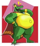 absurd_res anthro belly big_belly cape clothing crocodile crocodilian crocodylid cronolm crown donkey_kong_(series) fangs gold_belly green_body green_scales headgear hi_res king_k._rool kremling laugh looking_at_viewer male nintendo open_mouth pattern_background reptile scales scalie simple_background solo teeth