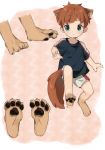  2019 animal_humanoid bottomwear brown_hair canid canid_humanoid canine canine_humanoid child claws clothed clothing dog_humanoid hair hi_res humanoid male mammal mammal_humanoid pawpads paws shirt shorts solo teal_eyes thebrushking topwear young 