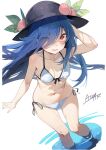  1girl absurdres bikini black_hat blue_hair blush breasts cleavage commentary_request hair_between_eyes hat highres hinanawi_tenshi long_hair looking_at_viewer navel one_eye_closed peach_hat_ornament red_eyes signature simple_background small_breasts solo swimsuit tetsurou_(fe+) touhou white_background white_bikini 