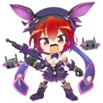  1girl :3 :d animal_ears breasts character_request chibi cleavage clothing_cutout collar commentary_request detached_collar detached_sleeves dress fang full_body gauntlets gun hat hishou_no_sora holding holding_gun holding_weapon hop_step_jumpers lets0020 looking_at_viewer medium_bangs medium_breasts navel navel_cutout open_mouth purple_collar purple_dress purple_eyes purple_hat purple_sleeves purple_thighhighs rabbit_ears rabbit_girl red_hair robot short_dress short_hair simple_background smile solo strapless strapless_dress thighhighs transparent_background weapon 