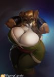  2019 big_breasts breasts brown_fur brown_hair canid canine canis clothing domestic_dog female fur green_eyes hair hi_res huge_breasts mammal slightly_chubby slipperycupcake solo thick_thighs voluptuous white_fur 
