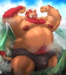  2022 anthro arm_tuft belly belly_tuft big_muscles big_nipples boris_(heavyrocksboar) bottomwear chest_tuft clothed clothing cloud ear_piercing facial_hair fist flexing hair hi_res macro male mammal mountain_range musclegut muscular muscular_anthro muscular_male navel nipples overweight overweight_anthro overweight_male pecs piercing plant red_hair solo suid suina sus_(pig) taighet_28 topless tree tuft tusks wild_boar 