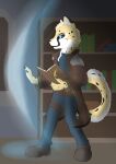  absurd_res anthro book cheetah felid feline hi_res library magic magic_user male male/male mammal night protection selreini_(character) shield solo spellbook 