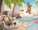  anthro beach_chair black_body black_fur black_nose blue_clothing blue_sky blue_swimming_trunks blue_swimwear blue_water brown_body brown_fur brown_nose brown_pawpads building canid canine canis cannonball_(swimming) clothing cloud darwin_(tinydeerguy) deer domestic_cat domestic_dog english_text eyes_closed eyewear felid feline felis fence flower fur green_clothing green_grass green_leaves green_swimming_trunks green_swimwear group gums hi_res holding_clothing holding_object holding_swimwear house male mammal matt_riskely motion_lines navel nipples no_sign nude open_mouth outside palm_tree pawpads picket_fence pink_nose plant pool sharp_teeth shocked sky smile step_ladder streaking sunglasses swimming_donut swimming_pool swimming_trunks swimsuit_only swimwear tan_body tan_fur teeth teeth_showing text tinydeerguy tongue_showing towel tree trio white_fence window 
