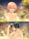  1boy 1girl black_hair blush collarbone commentary_request embarrassed eyelashes hair_between_eyes highres jack_jeanne justice0916 light_particles looking_at_viewer night night_sky nude onsen open_mouth outdoors partially_submerged pink_hair short_hair sky smile sparkle star_(sky) starry_sky steam sweat tachibana_kisa upper_body water wide-eyed yonaga_soushirou 