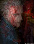 1boy blood blood_in_hair blood_on_clothes blood_on_face blood_on_wall blood_splatter blue_eyes coat devil_may_cry_(series) devil_may_cry_4 highres holding looking_at_viewer male_focus portrait realistic solo vergil_(devil_may_cry) white_hair 