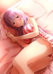  1girl bangs bare_shoulders bed blunt_bangs blush breasts commentary_request eyebrows_visible_through_hair feet_out_of_frame from_above large_breasts legs long_hair looking_at_viewer lying no_hat no_headwear on_side panties panty_peek patchouli_knowledge pillow purple_eyes purple_hair raised_eyebrows ram_hachimin shadow sleeveless solo striped striped_panties thighs touhou underwear very_long_hair 