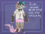  2018 american_opossum anthro barefoot blue_body blue_fur blue_hair bottomwear bow_tie candy_gore character_name clothed clothing common_opossum digital_drawing_(artwork) digital_media_(artwork) digitigrade dress_shirt english_text eyewear feet flat_colors fully_clothed fur glasses gore grey_body grey_clothing grey_fur grey_shirt grey_topwear hair half-closed_eyes handwritten_text hi_res hotpants jaspering male mammal marsupial model_sheet narrowed_eyes nonbinary_(lore) open_mouth open_smile pink_body pink_bottomwear pink_clothing pink_inner_ear pink_nose pink_shorts pink_skin pink_tail pink_tongue purple_background rectangular_glasses rian_(jaspering) round_ears shirt shorts simple_background smile snout solo standing tail text tongue topwear whisker_spots white_text 