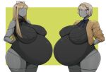  accessory atomic_heart belly big_belly big_breasts blonde_hair border breasts duo faceless_character faceless_female female hair hair_accessory hair_ribbon hi_res huge_belly huge_breasts humanoid long_hair machine navel pregnant ribbons robot white_border zeruxu 