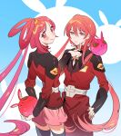  1boy 1girl black_thighhighs braid brother_and_sister cosplay crossover fieeeeee gundam gundam_seed hair_ornament hair_rings half-siblings haro highres holding long_hair looking_at_viewer lunamaria_hawke lunamaria_hawke_(cosplay) magi_the_labyrinth_of_magic military military_uniform pink_skirt red_eyes red_hair red_uniform ren_kougyoku ren_kouha siblings skirt smile thighhighs uniform zaft_uniform 