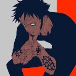  1boy alternate_costume arm_tattoo black_hair black_pants blue_eyes chest_tattoo closed_mouth commentary earrings facial_hair finger_tattoo goatee hand_tattoo hoop_earrings jewelry looking_at_viewer male_focus obobkkp one_piece pants short_hair sideburns solo tattoo trafalgar_law 