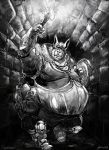  anthro aokmaidu armor belly big_belly boots camelid clothed clothing detailed_background fire footwear fur greyscale headgear helmet hi_res holding_object llama male mammal monochrome moobs obese obese_male overweight overweight_male shield solo torch walking wide_hips 