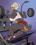  anthro barbell big_breasts black_body black_fur bodily_fluids bottomwear bra breasts butt canid canine canis clothing curved_horn domestic_dog duo exercise facesitting female footwear fur galacticgoodie generation_2_pokemon grey_hair hair hi_res horn houndoom leg_press leg_press_redraw_(meme) male male/female mammal meme muscular muscular_anthro muscular_female nintendo pokemon pokemon_(species) raised_tail shoes shorts sitting_on_another sneakers spade_tail sports_bra sportswear sweat tail underwear weightlifting workout 