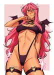  1girl :/ artist_name ass_visible_through_thighs black_shrug breasts cleavage cleavage_cutout clothing_cutout commentary cowboy_shot flying_sweatdrops large_breasts lisa_(pockicchi) long_hair mini_wings navel o-ring o-ring_leotard o-ring_thigh_strap original pink_eyes pink_hair pockicchi signature solo sparkle thigh_strap underboob wings 