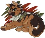  2017 brown_fur brown_nose canid canine canis citrinelle collar digital_media_(artwork) domestic_dog explosives feral fur german_shepherd green_collar green_eyes grenade herding_dog knife mammal pastoral_dog simple_background smile solo tongue tongue_out weapon white_background 
