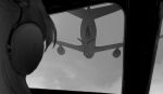  1girl aircraft airplane airplane_interior c-5m_super_galaxy cloud cockpit day facing_away girls_und_panzer greyscale headphones kay_(girls_und_panzer) long_hair monochrome out_of_frame payama portrait refueling solo vehicle_focus windshield 
